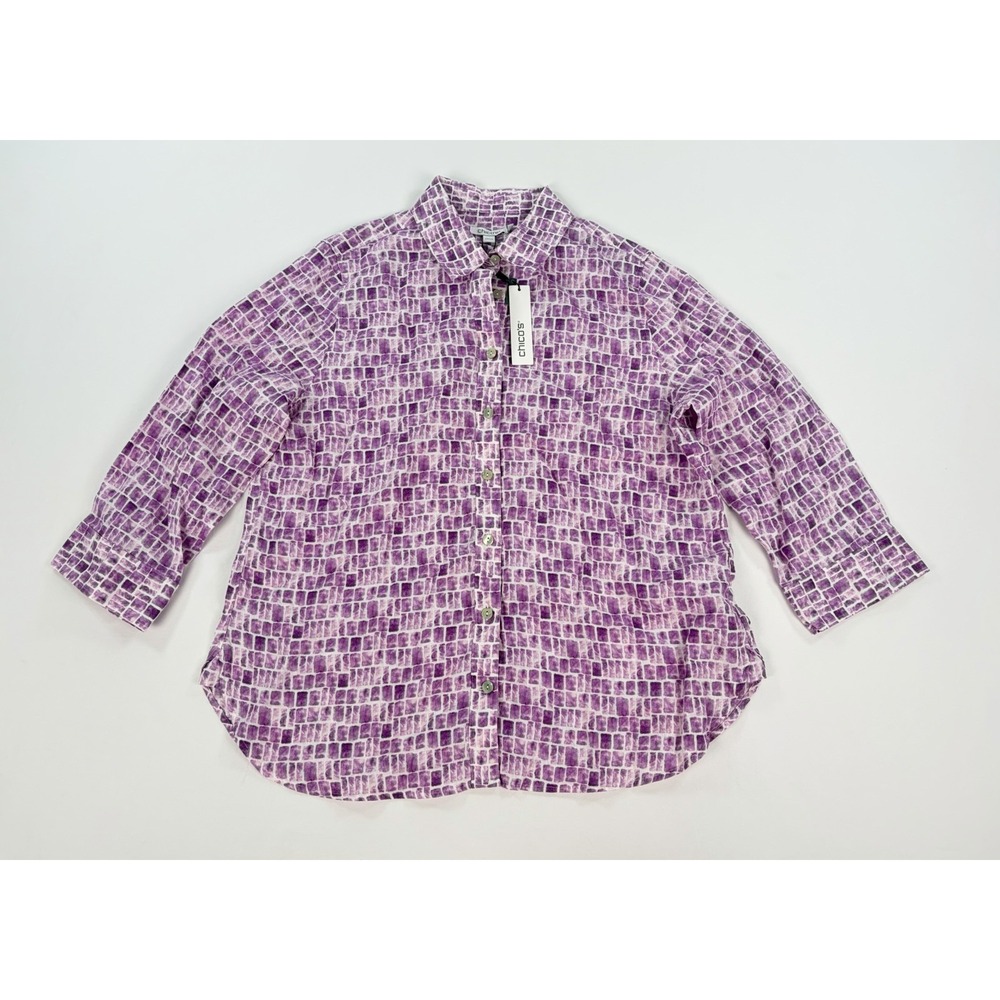 Chicos No Iron 100% Linen Shirt Women's 1.5 M/L Purple White Mini Tile Print New